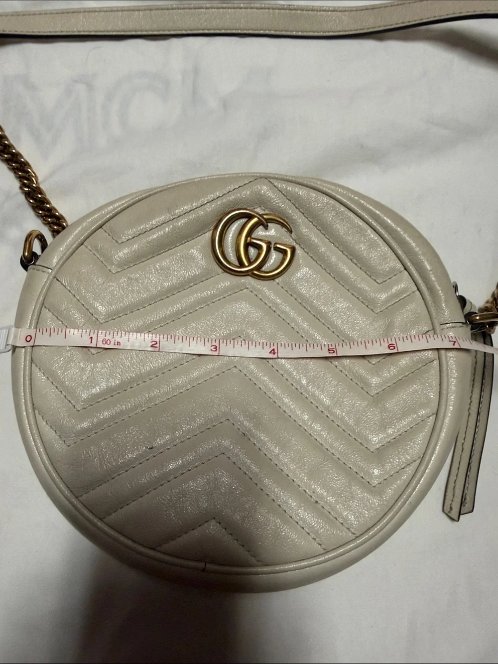 Gucci Round Chevron Crossbody Bag in Light Beige with Gold Hardware